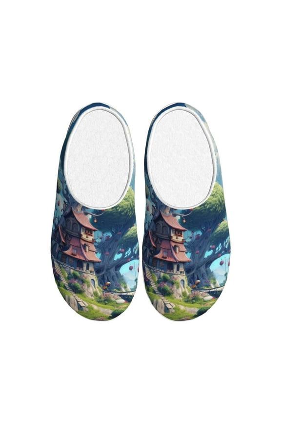 Fantasy Treehouse Planet Scene Print Women's Men's Cotton Knit Slippers Lightweight Memory Foam Indoor House Shoes with Anti-Skid Sole-35/36