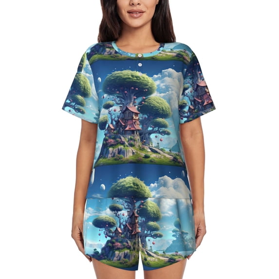 Rateoe Fantasy Treehouse Planet Scene for 2 Piece Short Sleeves Pajama Sets Casual Lounge Sleepwear Ladies Pjs Sets with Pocket-XX-Large