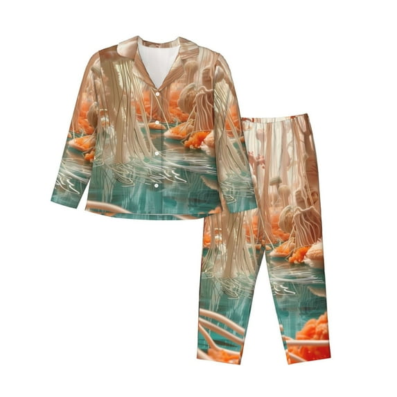 Rateoe Fantasy Underwater Jellyfish Pattern Womens Pajamas Set Long Sleeve Sleepwear Button Down Nightwear Soft Cotton Pj Lounge Sets-Medium