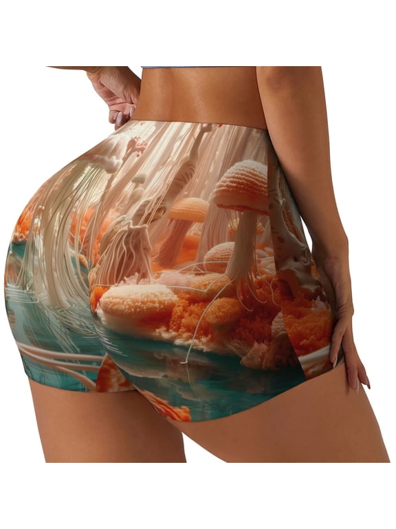 Fantasy Underwater Jellyfish Printed Power Workout Shorts for Women Tummy Control Squat Proof Ribbed Thick Seamless Scrunch Active Short-Medium