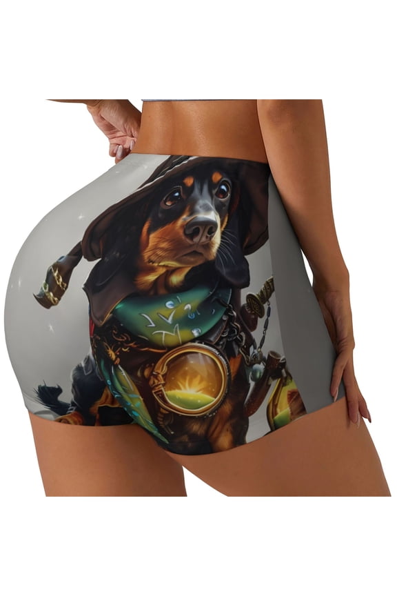 Fantasy Wizard Dog Art Printed Power Workout Shorts for Women Tummy Control Squat Proof Ribbed Thick Seamless Scrunch Active Short-Medium