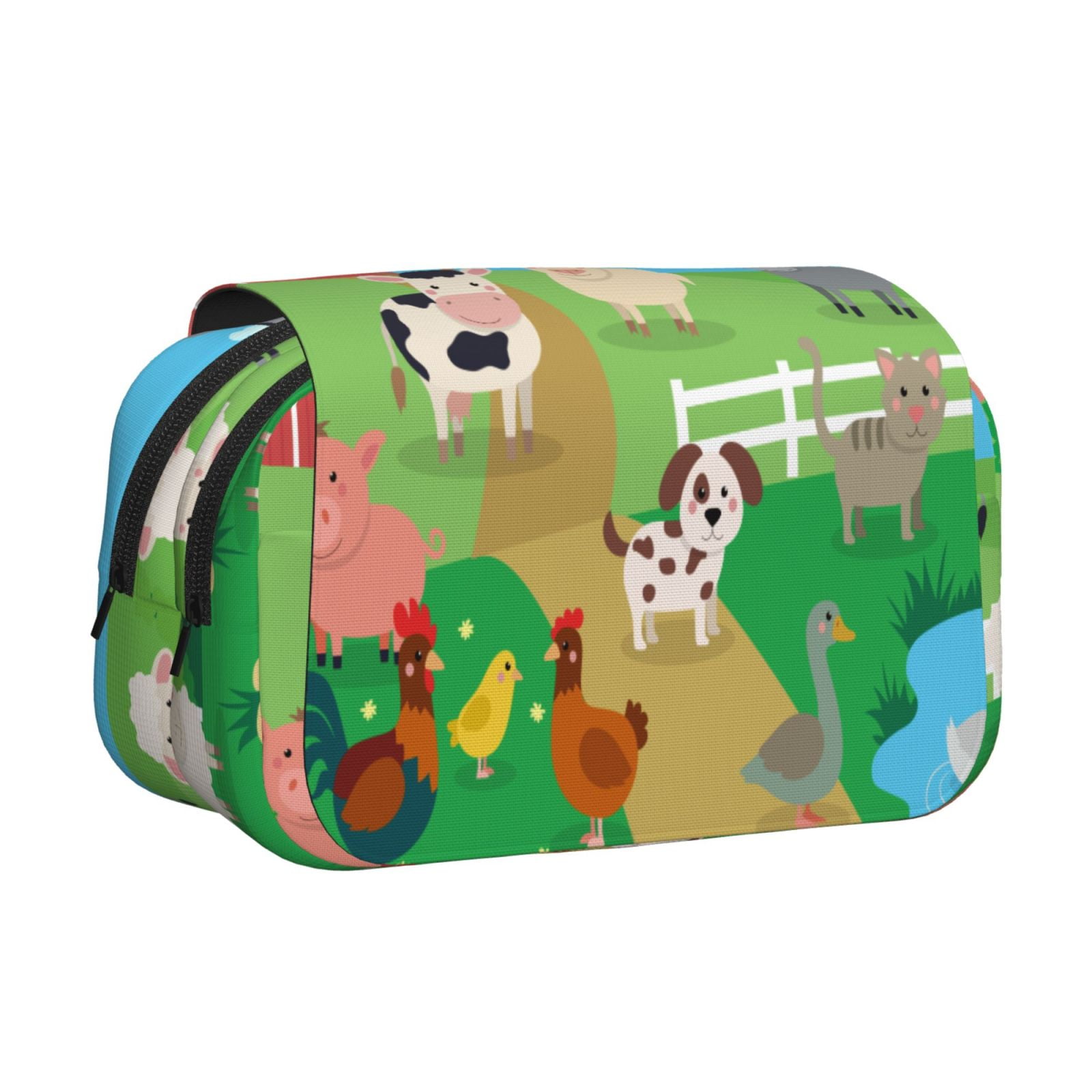 Rateoe Farm Animals Pattern Double Clamshell Pen Case, Storage Organizer with Two Zipper Compartments– Holds Up to 50 Pencils & Pens
