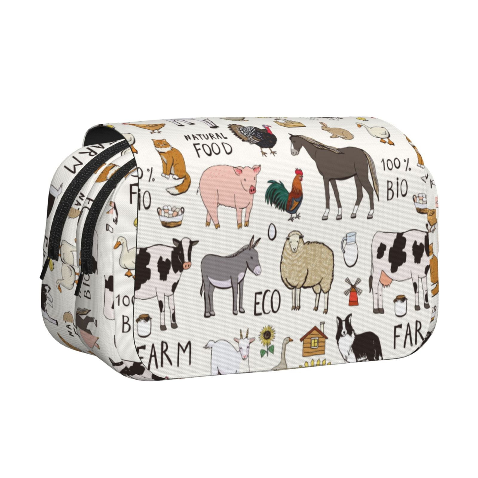 Rateoe Farm Animals Pattern Double Clamshell Pen Case, Storage Organizer with Two Zipper Compartments– Holds Up to 50 Pencils & Pens