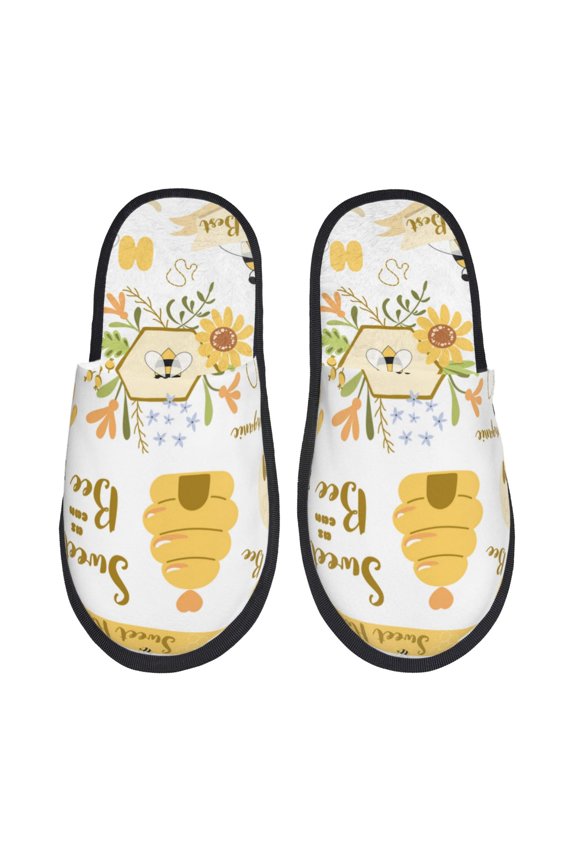 Farm Bee Cute Honey Pattern Fuzzy Slippers Fuzzy Soft House Slippers Plush Furry Warm Cozy Open Toe Fluffy Home Shoes-Medium