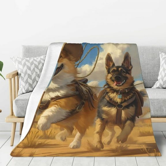 Rateoe Farm Corgi German Shepherd Pattern Flannel Throw Blanket, Ultra-soft Blanket for Bed, Couch, Car, Hypoallergenic Anti-pilling blanket-60"x50"(Vertical)