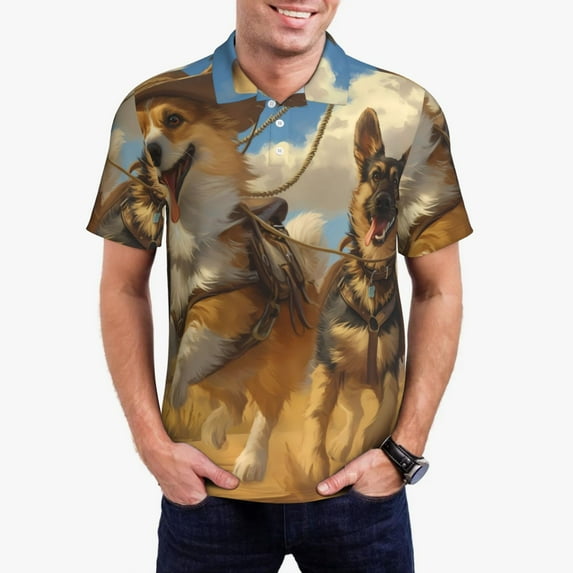 Rateoe Farm Corgi German Shepherd Pattern Men's Short Sleeve Polo Shirts, Golf Polo Shirts Short Sleeve Performance Moisture Wicking Dry-Large