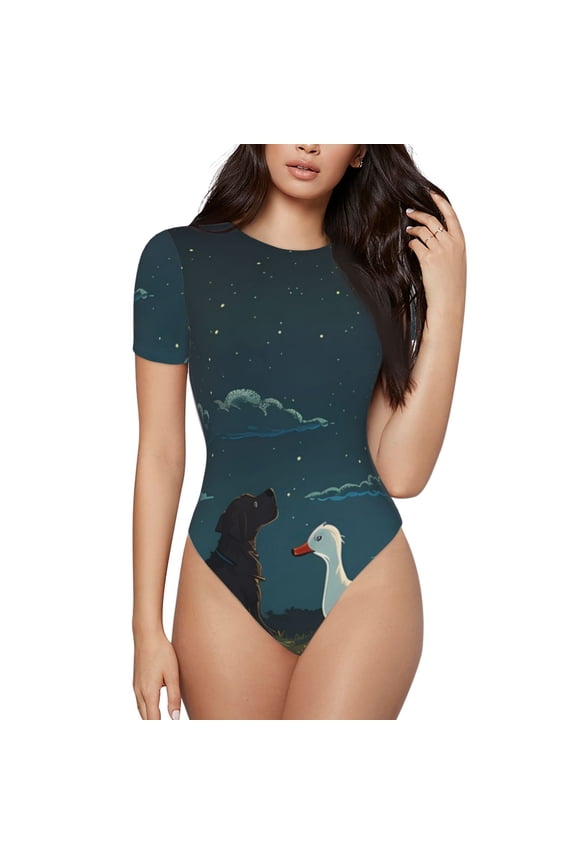 Farm Dog Duck Moonlight Printed Women Rash Guard Short Sleeve,Tummy control Swimsuit Surfing Swimsuit Bathing Suit Short-sleeved Onesie UPF 50+ -