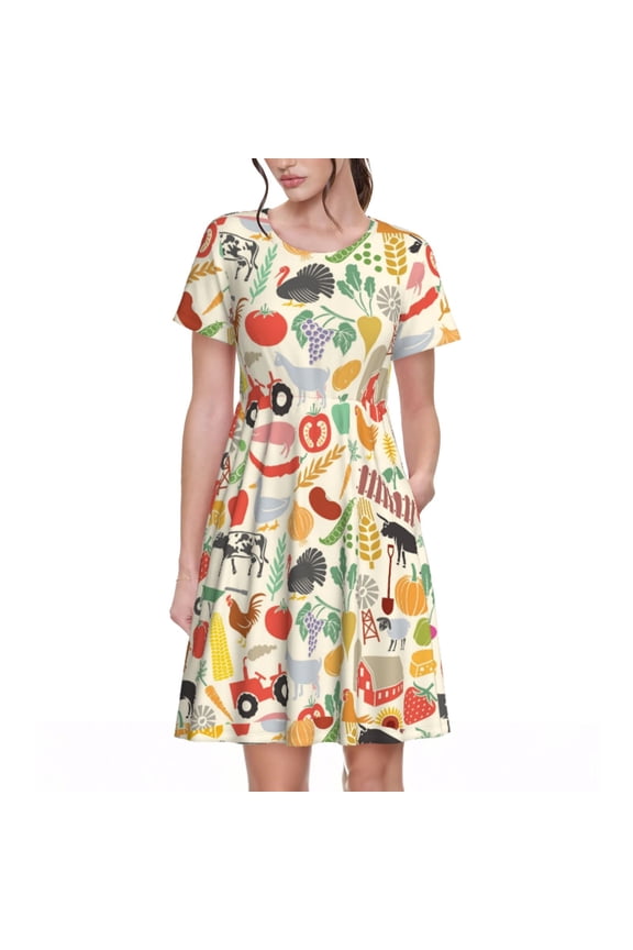 Farm Pattern Women’s Short Sleeve Dress – Casual Elegant Summer A-Line Dress for Everyday Wear