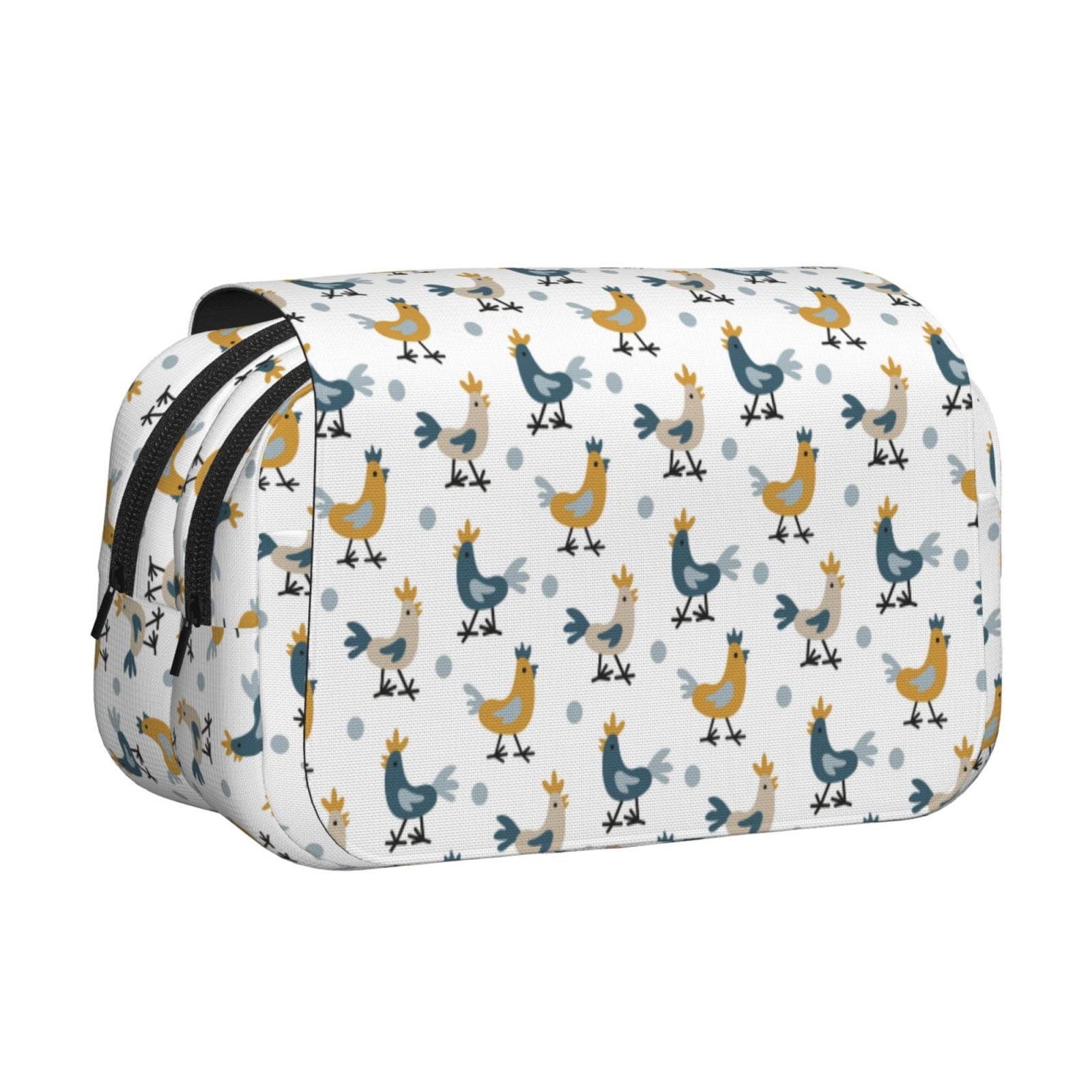 Rateoe Farm Roosters Pattern Double Clamshell Pen Case, Storage Organizer with Two Zipper Compartments– Holds Up to 50 Pencils & Pens