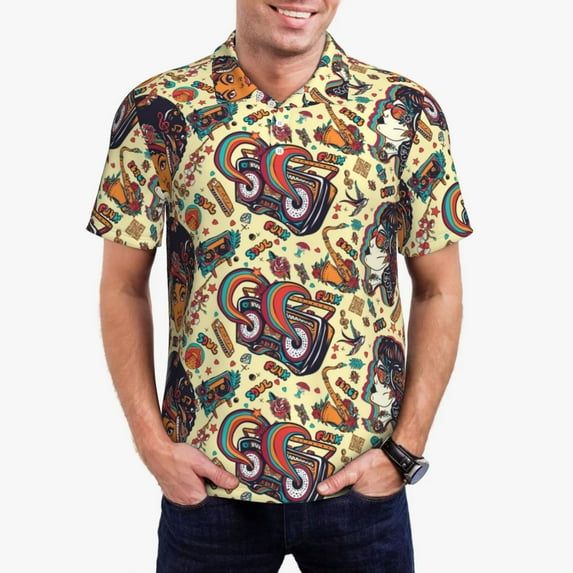 Rateoe Fashion Hippie Girl Pattern Men's Short Sleeve Polo Shirts, Golf Polo Shirts Short Sleeve Performance Moisture Wicking Dry-Medium