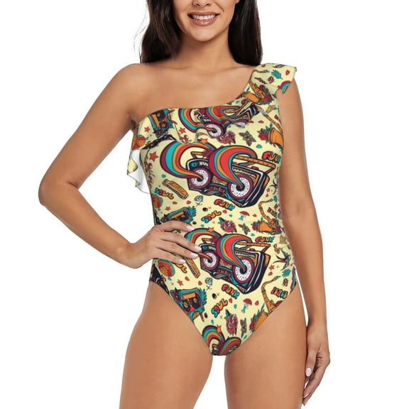 Rateoe Fashion Hippie Girl Pattern Women One Piece Swimsuits Tummy Control One Shoulder Bathing Suits Ruffle Swimwear-