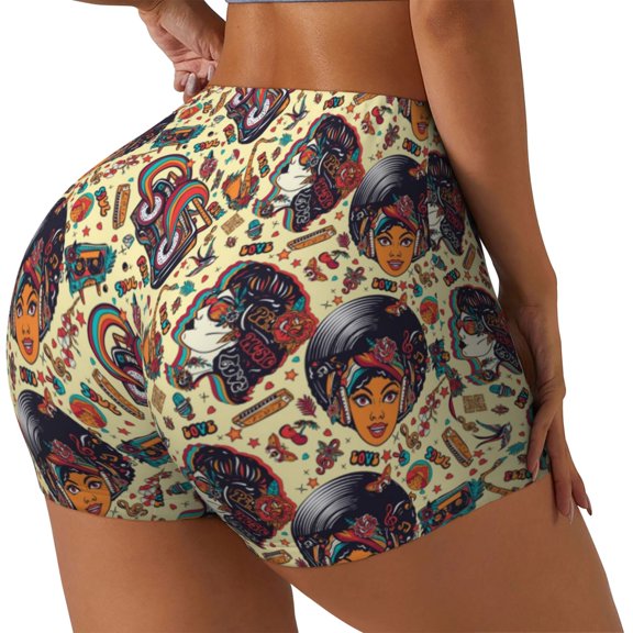 Rateoe Fashion Hippie Girl Printed Power Workout Shorts for Women Tummy Control Squat Proof Ribbed Thick Seamless Scrunch Active Short-Medium