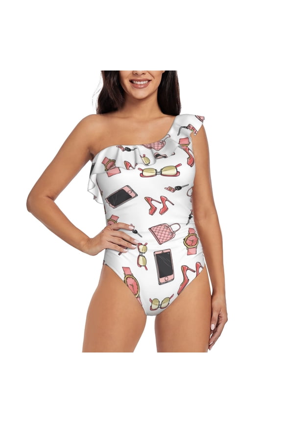 Fashion Pattern Women One Piece Swimsuits Tummy Control One Shoulder Bathing Suits Ruffle Swimwear-