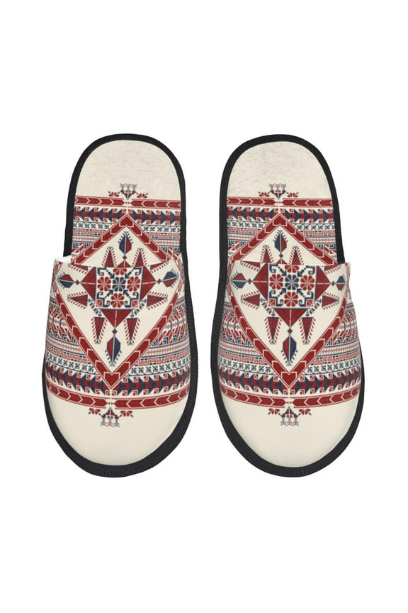 Fashion Tatreez Pattern Fuzzy Slippers Fuzzy Soft House Slippers Plush Furry Warm Cozy Open Toe Fluffy Home Shoes-Large