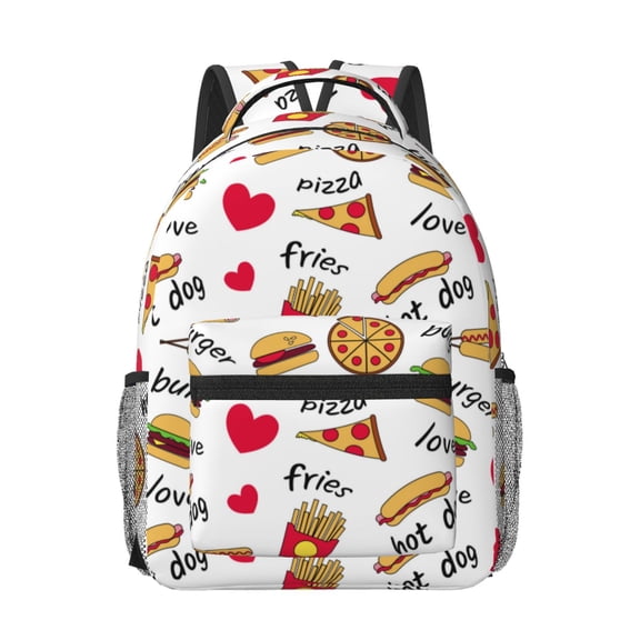 Rateoe Fast Food Pattern Durable Student Backpack Laptop Bag- Ergonomic Design, Waterproof Twill Fabric - Ideal for School, Travel, and Outdoor Activities