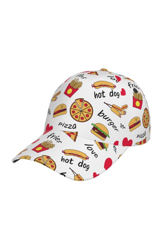 Fast Food Pattern Mens Baseball Cap Adjustable Curved Brim Hat, Soft Cotton Sports Cap for Outdoor, Casual, and Everyday Wear, Comfortable & Breathable