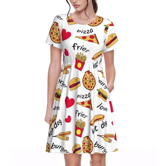 Rateoe Fast Food Pattern Women’s Short Sleeve Dress – Casual Elegant Summer A-Line Dress for Everyday Wear