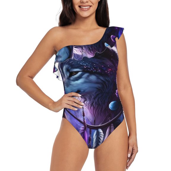 Rateoe Feathered Wolf Pattern Women One Piece Swimsuits Tummy Control One Shoulder Bathing Suits Ruffle Swimwear-Medium