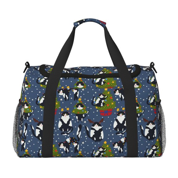 Rateoe Festive Cats and Trees Pattern Gym Bag for Women, Duffle Bag for Travel with Wet Pocket, Carry on Weekender Bags for Women, Water Resistant Travel Bag Duffel Bag