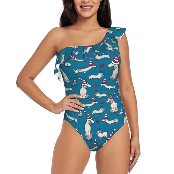 Rateoe Festive Dachshund Fun Pattern Women One Piece Swimsuits Tummy Control One Shoulder Bathing Suits Ruffle Swimwear-Medium