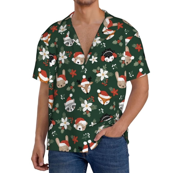 Rateoe Festive Forest Friends Pattern Men's Short Sleeve Classic Shirt, Casual Short-Sleeved Shirt, Lightweight Summer Shirt, Cuban Collar Shirt,Button-Front Shirt-Small