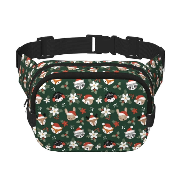 Rateoe Festive Forest Friends Print Fanny Pack Belt Bag for Women and Men, Square Double-Layer Waterproof Waist Pack with Adjustable Strap for Hiking, Jogging, Cycling