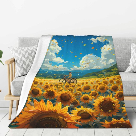 Rateoe Field Bicycle Young Sunflower Pattern Flannel Throw Blanket, Ultra-soft Blanket for Bed, Couch, Car, Hypoallergenic Anti-pilling blanket-40"x30"(Vertical)