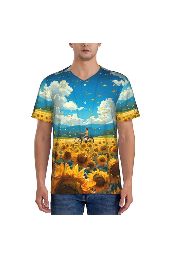 Field Bicycle Young Sunflower Pattern Men’s Baseball Short Sleeve Polo Shirt, Midweight Men's Shirt Golf Shirt Polo Shirts Quick Dry Short-Large