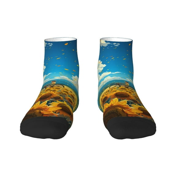 Rateoe Field Bicycle Young Sunflower Pattern Quarter Crew Socks,Toe Seamed Ankle Socks,Cotton Cushioned Breathable Athletic Crew Sports Socks