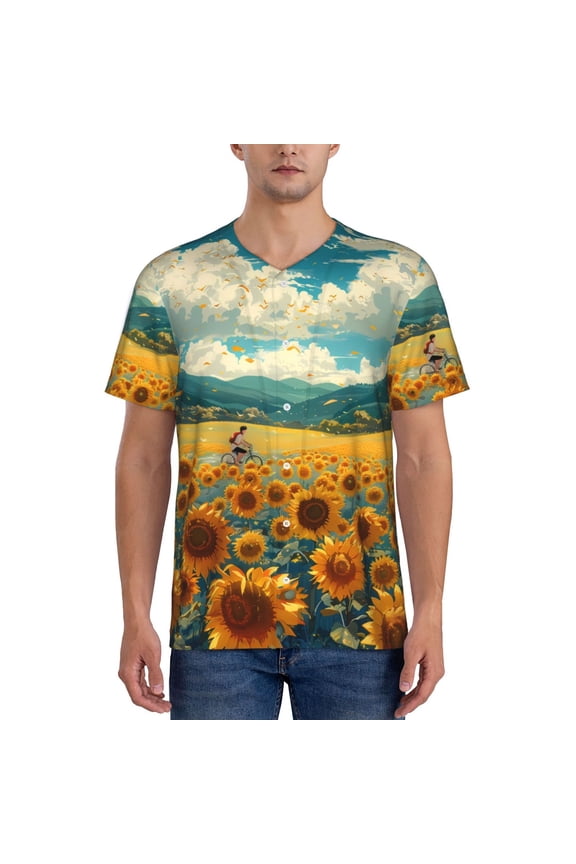 Field Style Bicycle Young Sunflower Pattern Men’s Baseball Short Sleeve Polo Shirt, Midweight Men's Shirt Golf Shirt Polo Shirts Quick Dry Short-Large