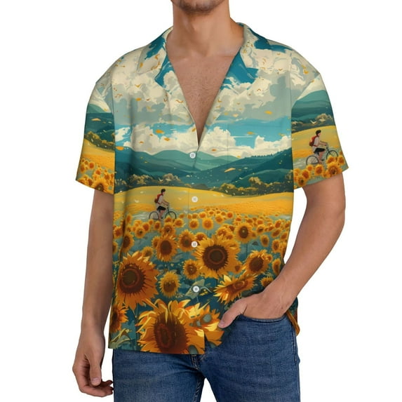 Rateoe Field Style Bicycle Young Sunflower Pattern Men's Short Sleeve Classic Shirt, Casual Short-Sleeved Shirt, Lightweight Summer Shirt, Cuban Collar Shirt,Button-Front Shirt-Small