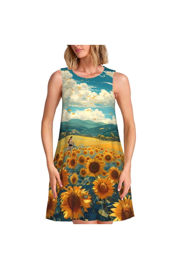 Field Style Bicycle Young Sunflower Pattern Women’s Sleeveless Dress,Casual Summer Dress,A-line Sleeveless Dress Versatile Summer Dress Stylish Day Dress