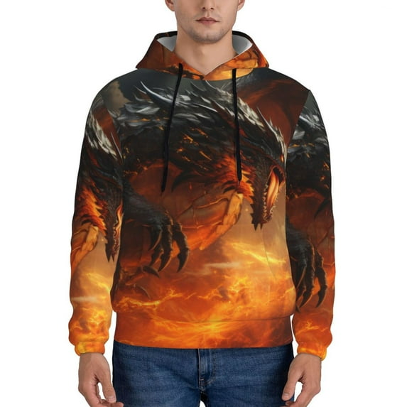 Rateoe Fiery Dragon Of Chaos Pattern Mens Hoodie, Pullover Hooded Sweatshirt, Kangaroo Pocket Hoodie Ideal for Daily Wear, Travel and Home-3X-Large