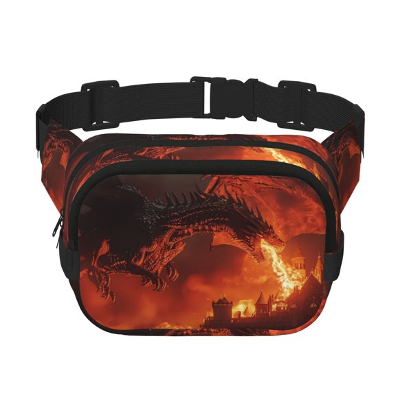 Rateoe Fiery Dragons Castle Attack Print Fanny Pack Belt Bag for Women and Men, Square Double-Layer Waterproof Waist Pack with Adjustable Strap for Hiking, Jogging, Cycling