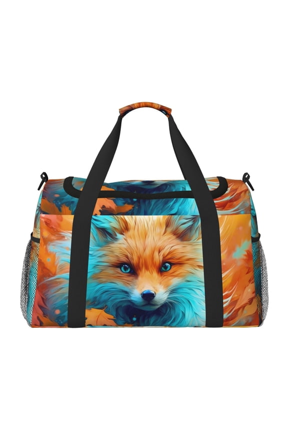 Fiery Red Maple Leaf Fox Pattern Gym Bag for Women, Duffle Bag for Travel with Wet Pocket, Carry on Weekender Bags for Women, Water Resistant Travel Bag Duffel Bag