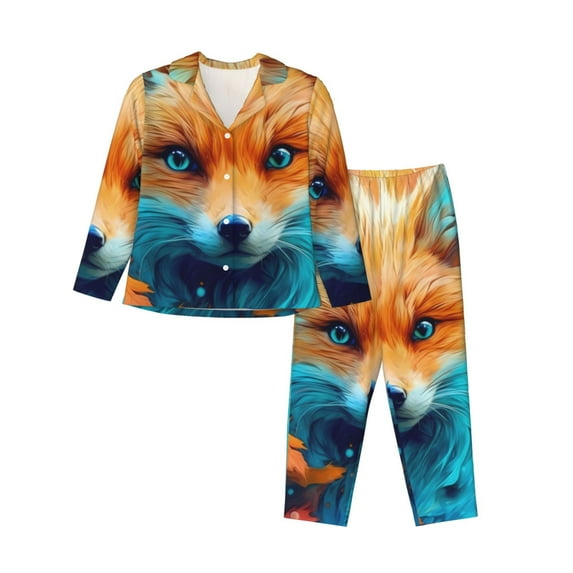 Rateoe Fiery Red Maple Leaf Fox Pattern Womens Pajamas Set Long Sleeve Sleepwear Button Down Nightwear Soft Cotton Pj Lounge Sets