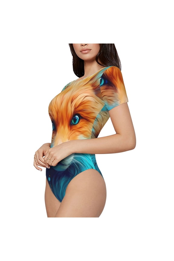 Fiery Red Maple Leaf Fox Printed Women Rash Guard Short Sleeve,Tummy control Swimsuit Surfing Swimsuit Bathing Suit Short-sleeved Onesie UPF 50+