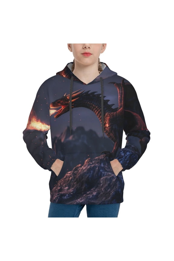 Fire Breathing Dragon Twilight Pattern Boys Hoodie, Youth Pullover Hooded Sweatshirt, Kangaroo Pocket Hoodie for Kids-Large