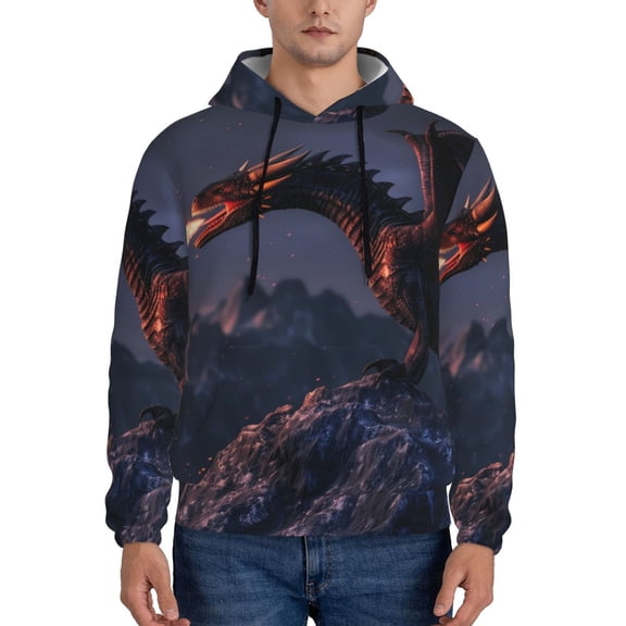 Rateoe Fire Breathing Dragon Twilight Pattern Mens Hoodie, Pullover Hooded Sweatshirt, Kangaroo Pocket Hoodie Ideal for Daily Wear, Travel and Home-3X-Large