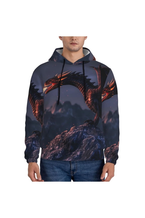 Fire Breathing Dragon Twilight Pattern Mens Hoodie, Pullover Hooded Sweatshirt, Kangaroo Pocket Hoodie Ideal for Daily Wear, Travel and Home-Medium