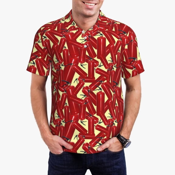 Rateoe Fire Extinguisher Pattern Men's Short Sleeve Polo Shirts, Golf Polo Shirts Short Sleeve Performance Moisture Wicking Dry-X-Large