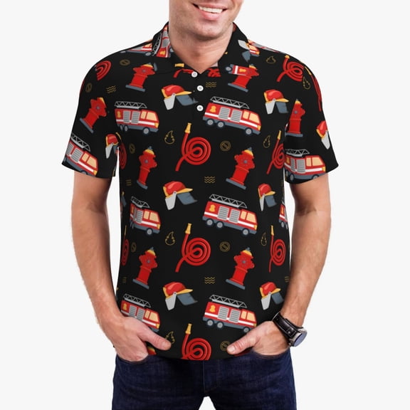 Rateoe Fire Fighting Pattern Men's Short Sleeve Polo Shirts, Golf Polo Shirts Short Sleeve Performance Moisture Wicking Dry-X-Large