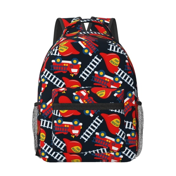 Rateoe Fire Rescue With Red Helmet And Truck Pattern Durable Student Backpack Laptop Bag- Ergonomic Design, Waterproof Twill Fabric - Ideal for School, Travel, and Outdoor Activities