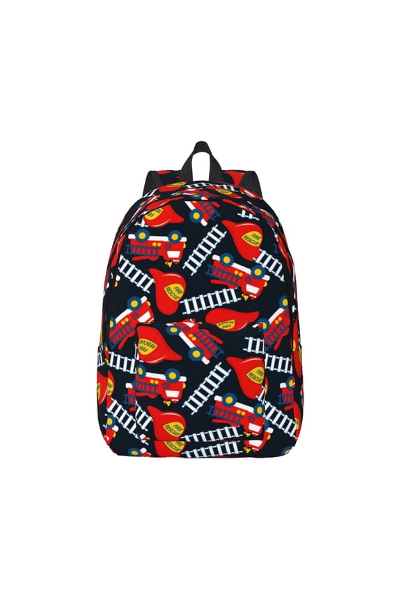 Fire Rescue With Red Helmet And Truck Pattern Canvas College Laptop Backpack,Travel Daypack,Durable Rucksack Travel Notebook Bag School Backpack Book Bag for Men Women-Small