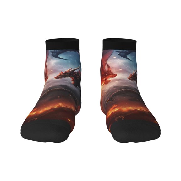 Rateoe Fire Sky Dragon Pattern Quarter Crew Socks,Toe Seamed Ankle Socks,Cotton Cushioned Breathable Athletic Crew Sports Socks