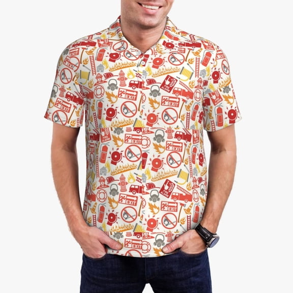 Rateoe Firefighter Icons Pattern Men's Short Sleeve Polo Shirts, Golf Polo Shirts Short Sleeve Performance Moisture Wicking Dry-Small