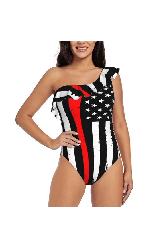 Firefighters USA Flag Pattern Women One Piece Swimsuits Tummy Control One Shoulder Bathing Suits Ruffle Swimwear-