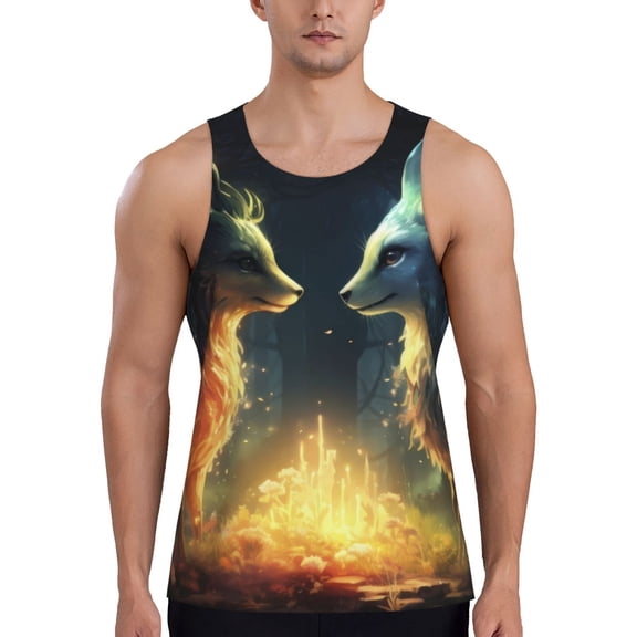 Rateoe Firefly Forest Fox Pattern Sleeveless Gym Shirt Muscle Tee Breathable Workout Shirt Slim-Fit Tank Quick Dry Fit Muscle Tank Top Bodybuilding Sleeveless T Shirt-