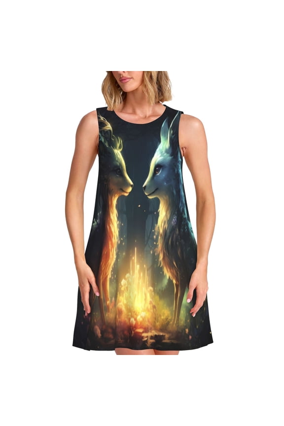 Firefly Forest Fox Pattern Women’s Sleeveless Dress,Casual Summer Dress,A-line Sleeveless Dress Versatile Summer Dress Stylish Day Dress