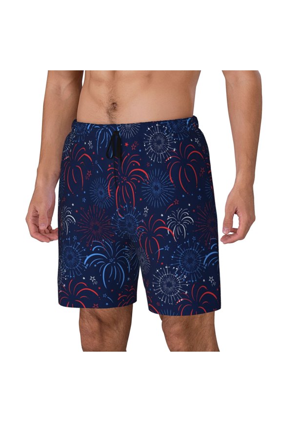 Firework Pattern Men’s Swim Shorts with Compression Liner – Double-Layered Quick-Dry Swimwear, Comfortable & Stretchy Beach Shorts-Small
